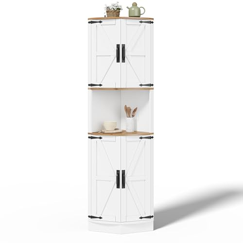 BTM Eckschrank Küche mit 5 Staufächer Vintage-Küchenschrank Schmaler Schrank Einzeln Hochschrank Eckmöbelstück Weiß