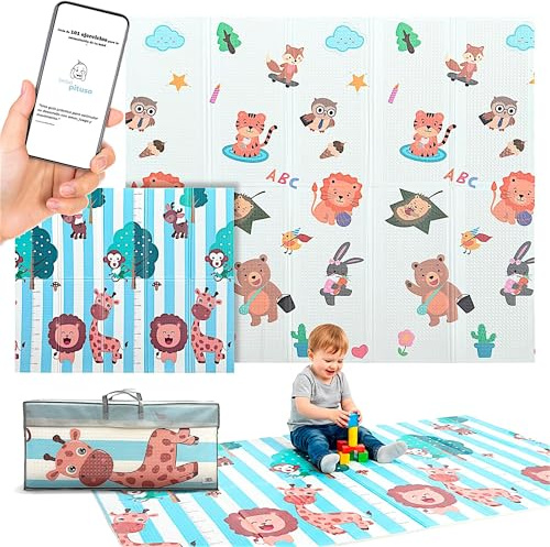Alfombra bebe acolchada plegable | Alfombra juegos bebe tamaño XXL 200X180 + Guia de 101 ejercicios para estimulación sensorial bebe | Tapete actividades bebe antideslizante e impermeable |Bebe Pituso