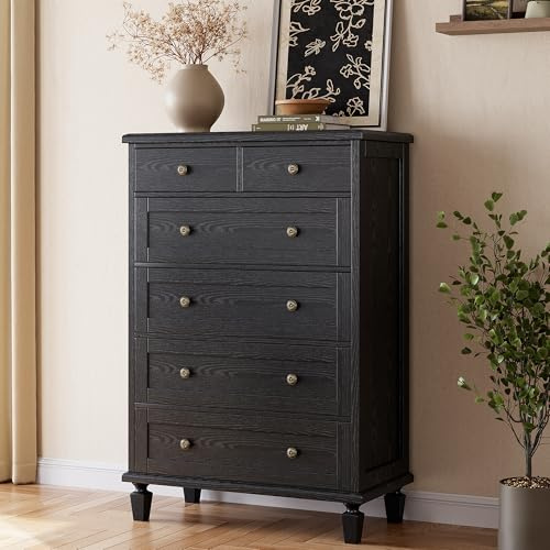 Garvee 47 Tall Dresser for Bedroom, Vintage 6 Drawer Dresser with Carved Handles and Tapered Legs Design, Wood Chests of Drawers with Large Capacity Storage, Black