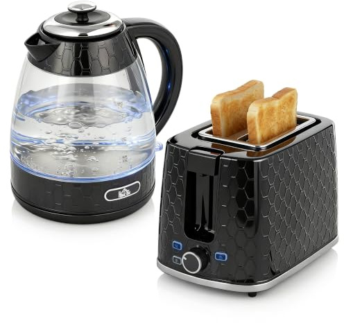 HOMCOM Kettle and Toaster Set 1.7L 3000W Jug Kettle 2 Slice Toaster Black | Rapid Boil, Strix Thermostat, Limescale Filter, 7 Browning Controls, Crumb Tray