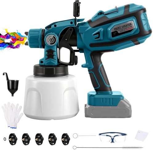 Trådlös färgspruta kompatibel med Makita 18 V batteri (inget batteri), 200 W elektrisk färgsprutpistol med 1,4 L kanna, 3 mönster, 5 mässingsmunstycken, LED-ljus, rengöringsborste, handskar och
