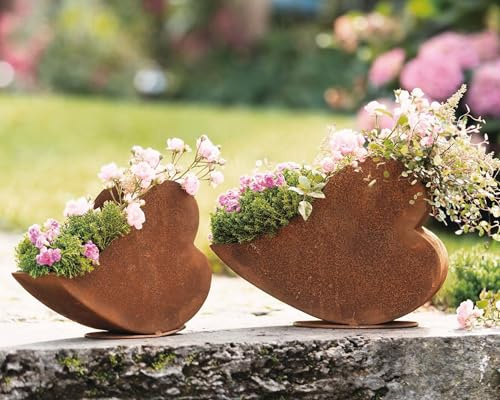 Dekoleidenschaft 2X Pflanzer Herz aus Metall in Rost Finish, liegend, Blumentopf, Pflanztopf, Pflanzgefäß, Gartendeko für Draußen