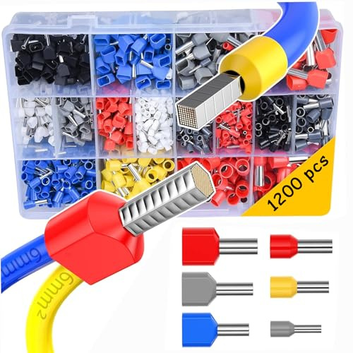 Alrens Double Strand Pre-Insulated Wire End Ferrules Set with 1200 Pieces Cable Lugs for 1.5 mm² to 16 mm² for Electrical Installations and Wago Terminal Applications