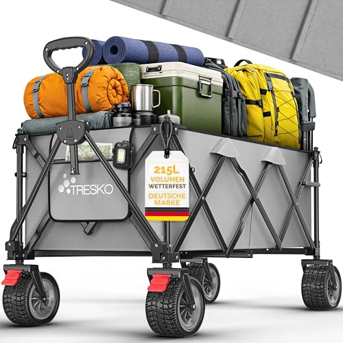 TRESKO® Bollerwagen faltbar 215L mit Bremse | Handwagen klappbar 150kg | Transportwagen inkl. Vollgummireifen | Faltbarer Strandwagen Extra Breite All-Terrain-Räder | Campingwagen mit Tragetasche