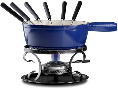 Artestia Swiss Traditional - Juego de ollas de hierro fundido para fondue de queso y queso fundido para queso, carne y chocolate (azul)