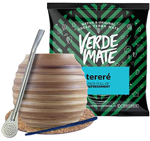 Kit de départ à Yerba Mate pour débutants | calebasse en céramique 350 ml | Bombilla en acier inox| soucoupe en liège | Nettoyeur | Produit de Cebador