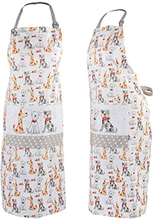 SPOTTED DOG GIFT COMPANY Kochschürze Damen, Küchenschürze mit süß Hundemotiv 100% Baumwolle, Schürze Hund Verstellbar mit Tasche, Küchenzubehör und Geschenk für Hundebesitzer Hundeliebhaber Frauen