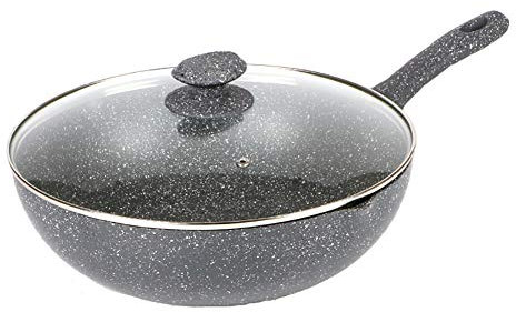 H&RB Double Drain Stone Nonstick Fry Pan With Glass Lid Aluminum Saute Pan 100% APEO & PFOA,30Cm