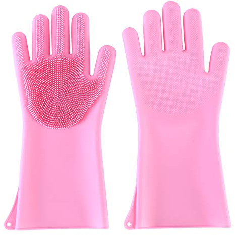 Reusable Silicone Cleaning Gloves Dishwashing Scrubber Dish Wash Scrubbing Sponge Gloves with Bristles Great for Washing Dish Kitchen Car Bathroom Pet Hair Care (Pink)