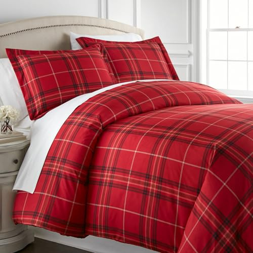 Southshore Fine Living, Inc. Duvet Cover Full/Queen Size Set – Extra Soft Bedding w/Zipper Closure – Full/Queen Duvet Cover Set 98x 98 & 2 Pillow Shams 20x36 – Wrinkle Resistant– Vilano Plaid Red