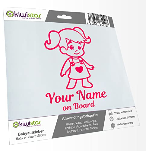 Babyaufkleber - Neonpink - Mädchen Zöpfe Herz Sticker - mit Wunschtext individuell personalisiert + on Board 20cm - für Auto, Motorrad, Fahrrad, Tuning