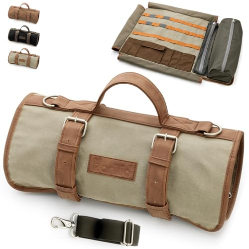 barillio Sac de barman (sans outils) – Élégant sac en toile cirée, sac de bar de voyage enroulable pour transporter des outils de bar et ensemble shaker à cocktail avec bandoulière – Rouleau de barman