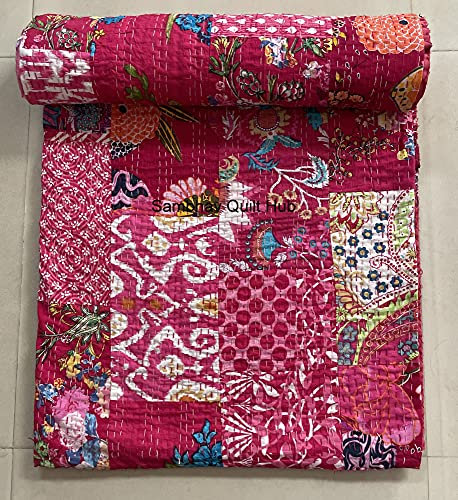 Mehrfarbige Patchwork-Kantha-Steppdecke aus Baumwolle, handgefertigt, gesteppt, King-Size-Bett, Bohemian-Bettdecke, Überwurf, Decke im Vintage-Stil (228 x 274 cm)