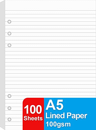 A5 Liniertes Papier, 100 Blätter Nachfüllpapier für große Leder-Journal/Filofax-Binder, 6 Löcher gelocht, 100GSM liniertes weißes Füllpapier, 14.8 x 21cm