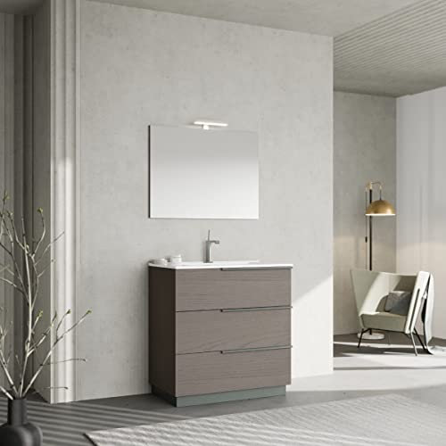 Kiamami Valentina - Mobile Bagno a Terra 80CM con Lavabo e Specchio | Design Moderno | LED Cromata | MDF Certificato FSC, Grigio Frassino, 80CM + Specchio con Lampada, Legno Ingegnerizzato