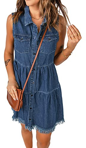 luvamia Women's Turn Down Collar Denim Dress Button Down Frayed Hem Jean Dress Deep Cobalt Blue Size Medium fits Size 8 - Size 10