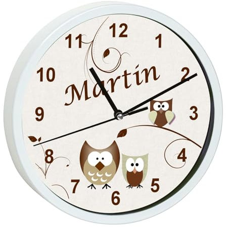CreaDesign, Wanduhr Kinder personalisiert mit Name, Motiv Eule beige, Rahmen Wanduhr weiß, Ø 19,5 cm