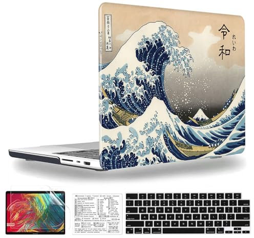 QCzyc Compatible with MacBook Pro 14 Inch Case 2021-2026 M5 M4 M3 M2 M1 A3427 A3426 A3434 A3185 A3112 A3401 A2992 A2918 A2779 A2442 Hard Shell &Keyboard Cover& Mac OS Keyboard Sticker (Sea Wave)