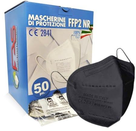 FAS MEDICAL DEVICE PROTECTION 50pz Mascherine FFP2 Nere, Confezionate Singolarmente - Anallergiche, Comode e Resistenti Mascherine con Filtro BFE > 95% Certificate CE