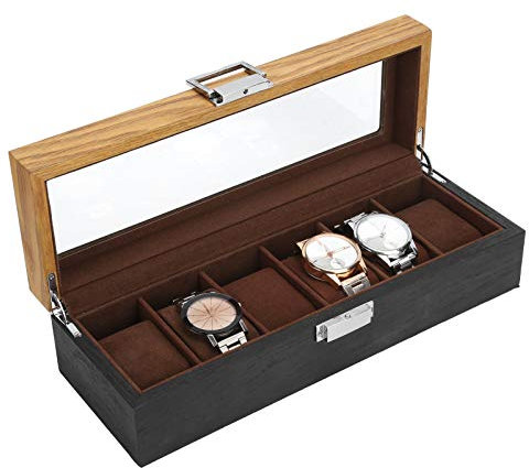 Alvinlite Uhrenbox aus Holz mit Uhren mit 6 Fächern, Schmuckständer für Herren, Aufbewahrungsbox mit Acryldeckel, Metallscharnier