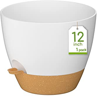 ZMTECH 30 cm Große Blumentöpfe mit Untersetzer, Selbstbewässernde Kunststoff Übertöpfe, Pflanzkübel mit Wasserstand für Innen/Außen (2er-Set, Weiß)