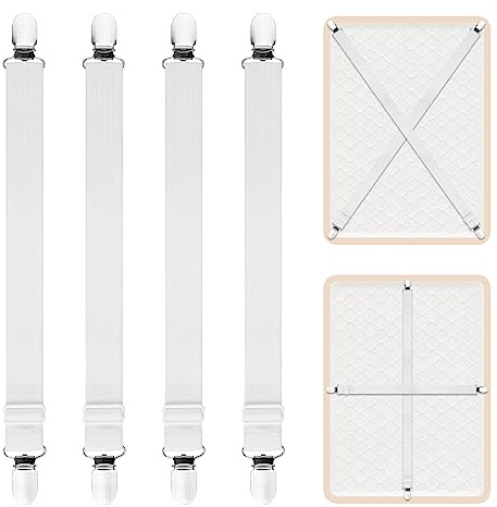AUAUY 4 Stück Bettlakenklammern, Verstellbar, Metallclips, Weiß | Bettlakenspanner, Elastische Spanner für Lakenspanner, Bettlaken Spanngurte, Matratze, Bügelbrett Oder Sofa