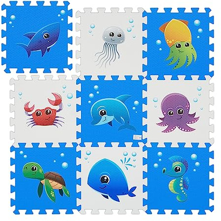 Relaxdays Tapis de Jeu, au Design Maritime, 9 pièces, Mousse, pour bébés et Enfants, LxP : 86x86 cm, Bleu et Blanc