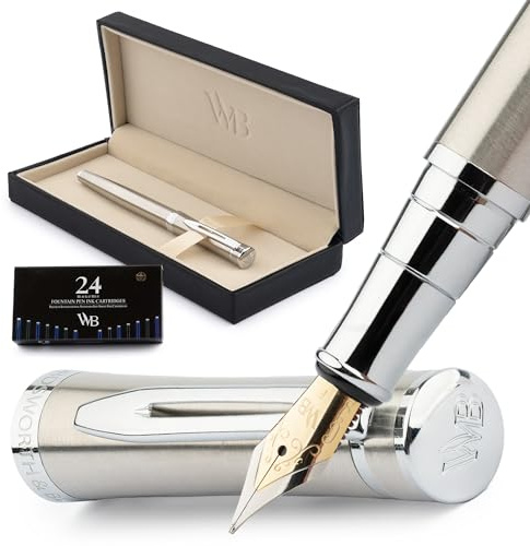 Wordsworth & Black Reservoarpennset, 18 Karat Förgylld Fin Spets, Inkluderar 24 Bläckpatroner, Bläckpåfyllningskonverter Och Presentask, Kromfinish, Kalligrafi, [Silverkrom]