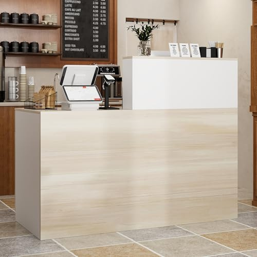 Caldion Comptoir de réception 140cm avec tiroir et étagères verrouillables Comptoir d'accueil Table de réception pour Salon Restaurant Café 140 x 60 x 110 cm Blanc&Chêne
