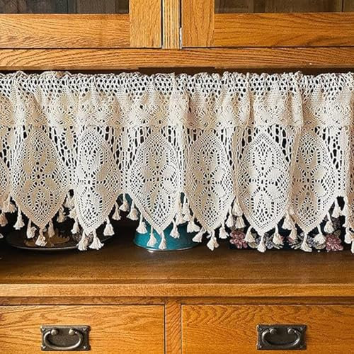 Boho Scheibengardine Häkeln Stricken Bistrogardine Handgefertigte Baumwolle Kurzgardine Halber Vorhänge mit Quaste Bauernhaus Vorhänge für Wohnzimmer (Color : Beige, Size : 150x38cm/59x15in)