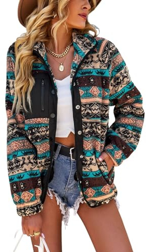 Leyoutx Warme Fleece-Jacke für Damen, Aztekenmuster, Tribal-Druck, flauschig, mit Knopfleiste, leicht, flauschig, Schwarz, M