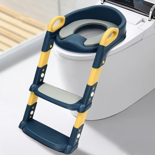 Toilettentreppe,Toilettensitz Kinder mit Treppe,Höhenverstellbar Faltbarer Kinder Toiletten Trainer,Toilettentrainer für Babys im Alter von 2-7 Jahren (Blau)