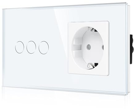 CNBINGO Interruptor de luz de cristal y enchufe Schuko empotrado, interruptor de luz táctil con estado LED, interruptor de pared con marco de cristal, 3 capas, color blanco