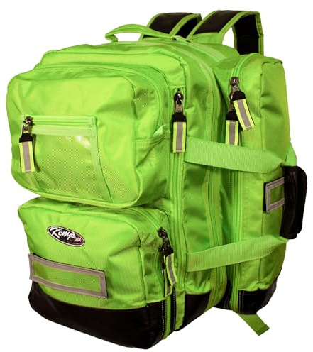 Kemp USA Ultimate EMS Backpack - Emergency Supplies - EMT Bag Fits BLS/ALS Equipment and D Tank Oxygen Cylinder - Multiple Grab Points, Chest & Waist Support Straps & Color-Coded Pouches (Neon Green)