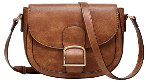 Kasgo Umhängetasche Damen, Vegane Leder Handtasche Kleine Schultertasche Retro Satchel Tasche Crossbody Bag für Frauen mit verstellbarem Gurt Braun