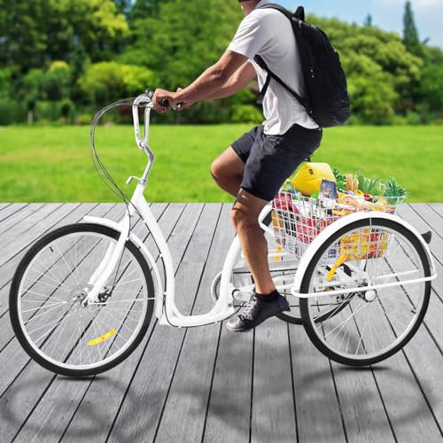 VonVVer 26 Zoll Dreiräder Erwachsene mit Korb - 6 Gang Dreirad für Erwachsene 110KG Last Höhenverstellbar 3 Räder Fahrrad Cityräder Cruise Einkaufsrad für Senioren Frauen Ältere (Weiß)