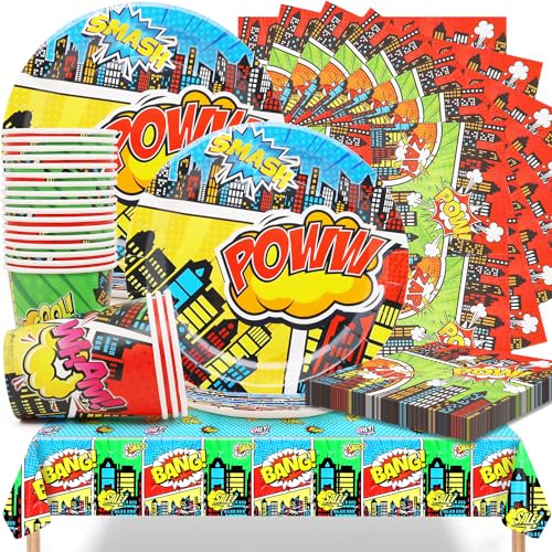 Superhelden Partygeschirr Set - Superhelden Party Teller Set Enthalten 20 Teller 7in, 20 Becher 9Oz, 20 Servietten und 1 Tischdecke für Geburtstags Kinder Jungen Mädchen Party Dekorationen