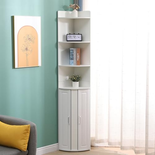 Pantanal Floor Corner Bathroom Cabinet Tall with Unit Storage Shelves and Doors, Slim Living Room Cabinet Tallboy Bookcase Cupboard Free Standing Small Space (3 Shelves and 2 Doors White)