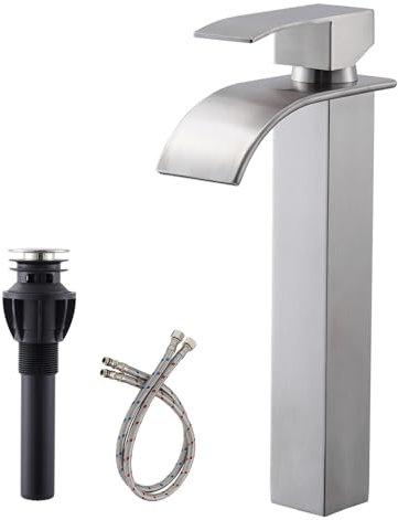 Ufaucet Tall Bathroom Vessel Sink Faucet, Brushed Nickel Tall Waterfall Single Handle 1 Hole Bathroom Vessel Sink, Bowl Wash Basin Lavatory Vanity Faucets with Pop-up Drain