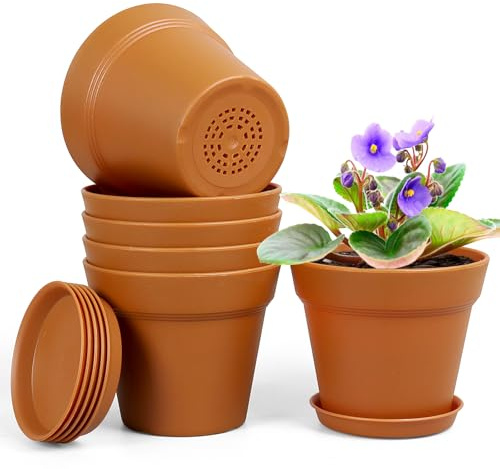 Homeuouz 6 Packs Blumentopf mit Untersetzer, 15.2cm Pflanzentopf, Plastik Übertopf mit Mehrere Ablauflöchern, Hydrokultur Topf, Blumentöpfe Set Ideal für Innen und Balkongärten,Terrakotta