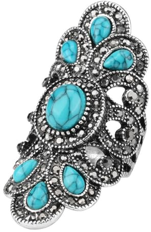 Bague Vintage En Forme De Feuille De Fleur Turquoise Pour Femmes Et Filles, Plaqué Argent Oxydé Noir Cz Boho En Filigrane, Large Bande, Confortable, Bijoux d'Anniversaire De Mariage Bollywood (8)