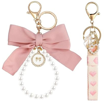 Aikeis Rosa Schleife Perle Schlüsselanhänger mit Liebe Muschel für Autoschlüssel - Zubehör für Damen und Mädchen