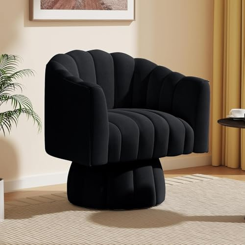 SEYNAR Drehsessel Wohnzimmer Mid Century 360° drehbarer Kuscheltonnen-Akzentsofasessel, runde Sessel mit breit gepolstertem, flauschigem Samtstoffstuhl für Schlafzimmer, Büro (Schwarz)