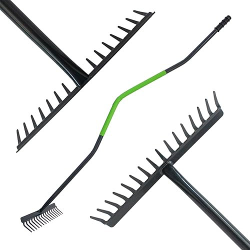 VASKO Stabile Harke Garten mit stiel - für Laub und Gras - Harke mit 16 Zinken und gebogenem Stiel 150 cm lang -Solid Garden Rake Breite 42 cm - Metall Schwarz/Grün