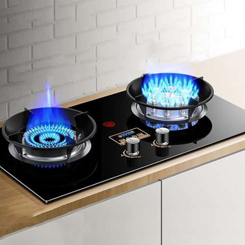 Cuisiniere Gaz Doubles- Verre Trempé Cuisiniere, Cuisinières À Gaz Doubles Table Et Encastrées Avec Minuterie Indépendante Bilatérale Et Rappel Anti-brûlure, Deux Types Protection Sécurité(LPG(Left 4.