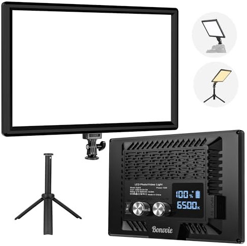 Bonvvie Lampe de Caméra Vidéo LED, 3000-6500K Éclairage Photo pour Studio et Extérieur Vlog Vidéo Conférence Live Stream, CRI 97+ Éclairage de Caméra Bicolore avec Batterie Rechargeable 5000mAh Li-ion