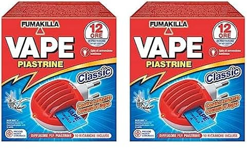 Vape, Elettroemanatore Spina Classic + 10 Piastrine, Protegge dalle Zanzare Comuni e Tigre, Ambienti Chiusi e Luoghi all'Aperto, 12 Ore di protezione (Confezione da 2)