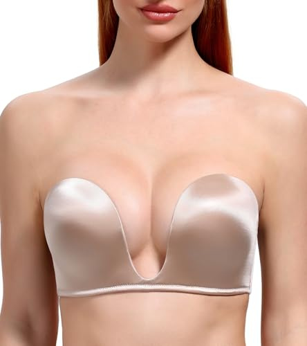 DotVol Damen BH Trägerloser Bra Push Up Tief U Unterwäsche Gepolstert Rückenfrei Bra mit Abnehmbare Träger unsichtbar Multiway BHS(75B,Beige)