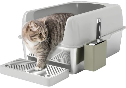 PawHut Bac à litière pour Chat en Acier Inoxydable 60,2x40,6x29 cm Gris | Bac à litière Antiadhésif Facile à Nettoyer, Bords Hauts Anti-Fuite d'Urine, Pelle en Métal, Support de Pelle