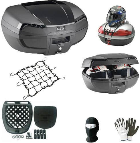 KOMPATIBEL MIT KYMCO Gran Dink 250 GEHÄUSE TOP CASE E46NB Riviera Schwarze Reflektoren+MONTAGESATZ+Anti-VIBRATIONSMATTE+Platte FÜR Motorrad-Scooter-GEPÄCKTRÄGER 2 GROßE HELME